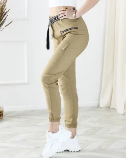 Royalfashion Beżowe damskie spodnie typu bojówki z kieszeniami