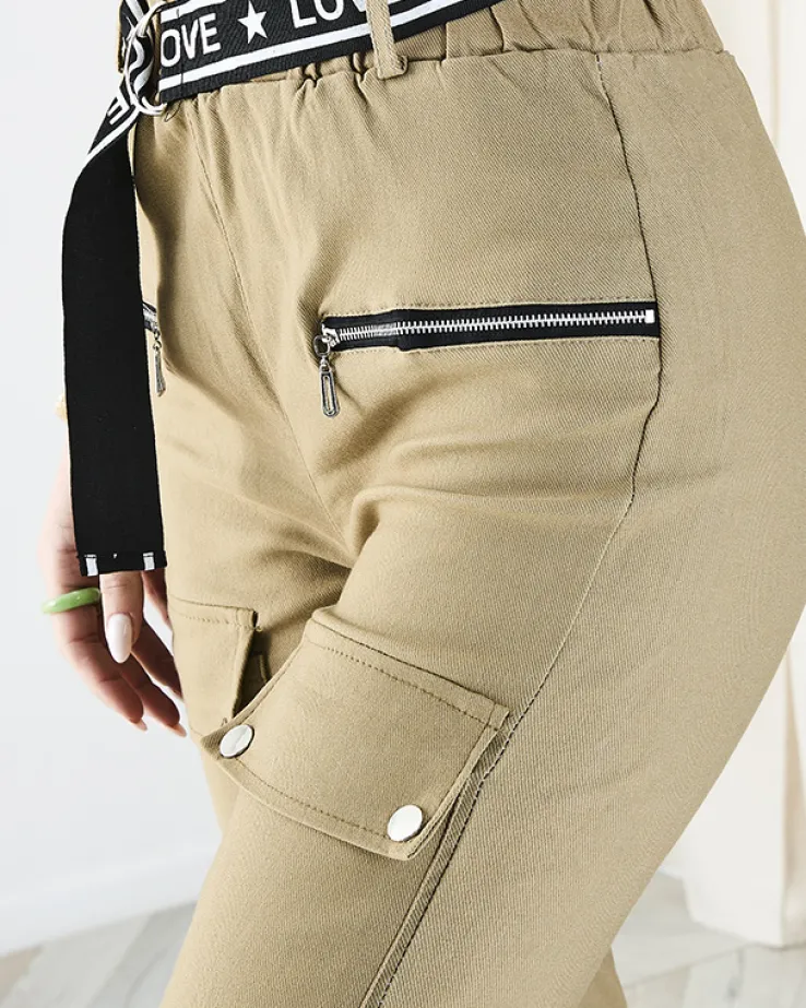Royalfashion Beżowe damskie spodnie typu bojówki z kieszeniami