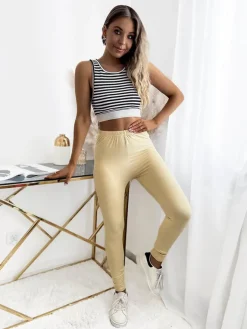 Royalfashion Beżowe damskie legginsy z włókna bambusowego