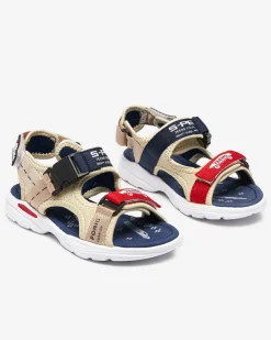 Royalfashion Beżowo- granatowe chłopięce sandały na rzepy Elbrusii