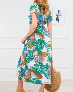 Royalfashion Biała damska długa sukienka z kolorowym roślinnym wzorem