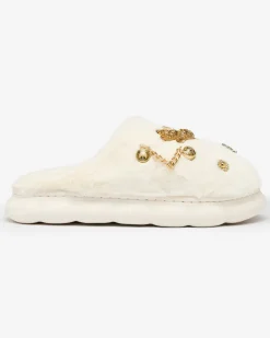 Royalfashion Białe damskie futrzane kapcie z ozdobami Erserra