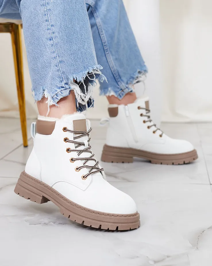 Royalfashion Białe damskie ocieplane botki typu trapery Radoras