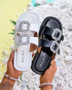 Royalfashion Białe klapki damskie z kryształkami Azazel