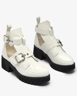 Royalfashion Białe lakierowane botki damskie z wycięciem i tłoczeniem Malevib