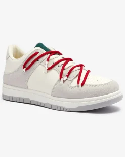 Royalfashion Biało - szare sportowe sneakersy damskie z czerwonymi sznurówkami Olierinc