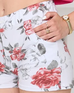Royalfashion Biało- czerwone krótkie spodenki w kwiaty PLUS SIZE