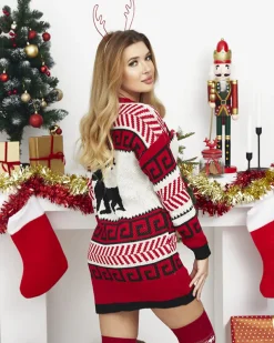 Royalfashion Biało-czerwona damska sukienka w swetrowym stylu