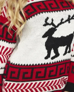 Royalfashion Biało-czerwona damska sukienka w swetrowym stylu