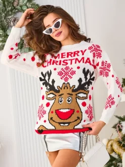 Royalfashion Biały damski świąteczny sweter z reniferem
