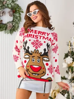 Royalfashion Biały damski świąteczny sweter z reniferem