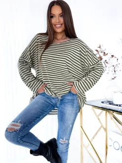 Royalfashion Bluzka damska w zielone paseczki z brokatem