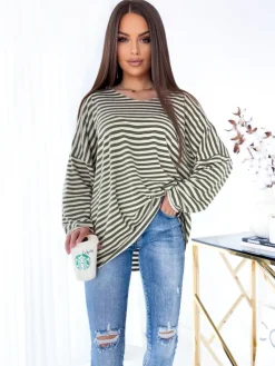 Royalfashion Bluzka damska w zielone paseczki z brokatem