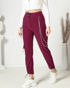 Royalfashion Bordowe damskie spodnie typu bojówki z łańcuszkiem