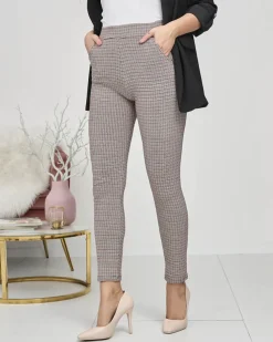 Royalfashion Bordowo- czarne ocieplane damskie tregginsy w kratkę