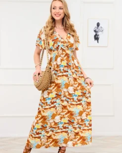 Royalfashion Brązowa damska długa sukienka z modnym wzorem