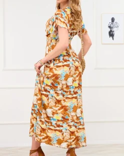 Royalfashion Brązowa damska długa sukienka z modnym wzorem