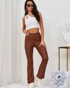 Royalfashion Brązowe damskie eko-skórzane legginsy a'la dzwony