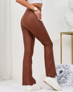 Royalfashion Brązowe damskie eko-skórzane legginsy a'la dzwony