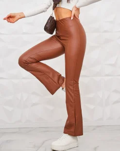 Royalfashion Brązowe damskie eko-skórzane legginsy a'la dzwony