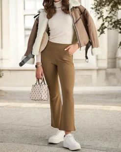 Royalfashion Brązowe damskie ocieplane tregginsy a'la dzwony