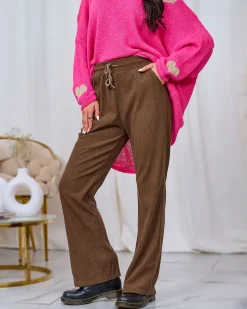 Royalfashion Brązowe damskie sztruksowe spodnie materiałowe