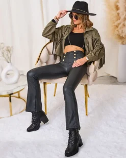 Royalfashion Brązowe damskie eko-skórzane legginsy ze złotymi guzikami