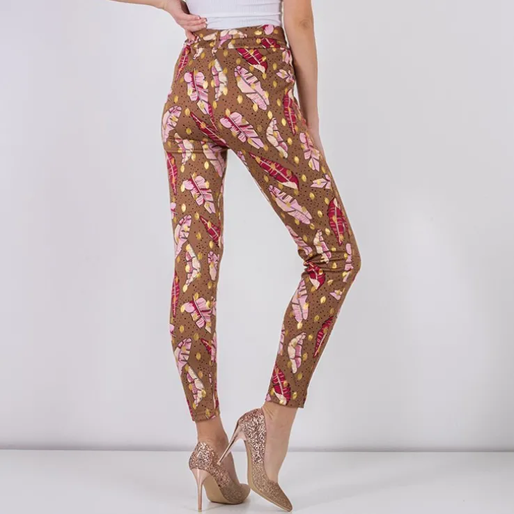 Royalfashion Brązowe damskie tregginsy w piórka