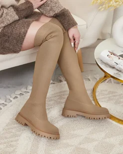 Royalfashion Brązowe damskie wsuwane kozaki za kolano Radgitas