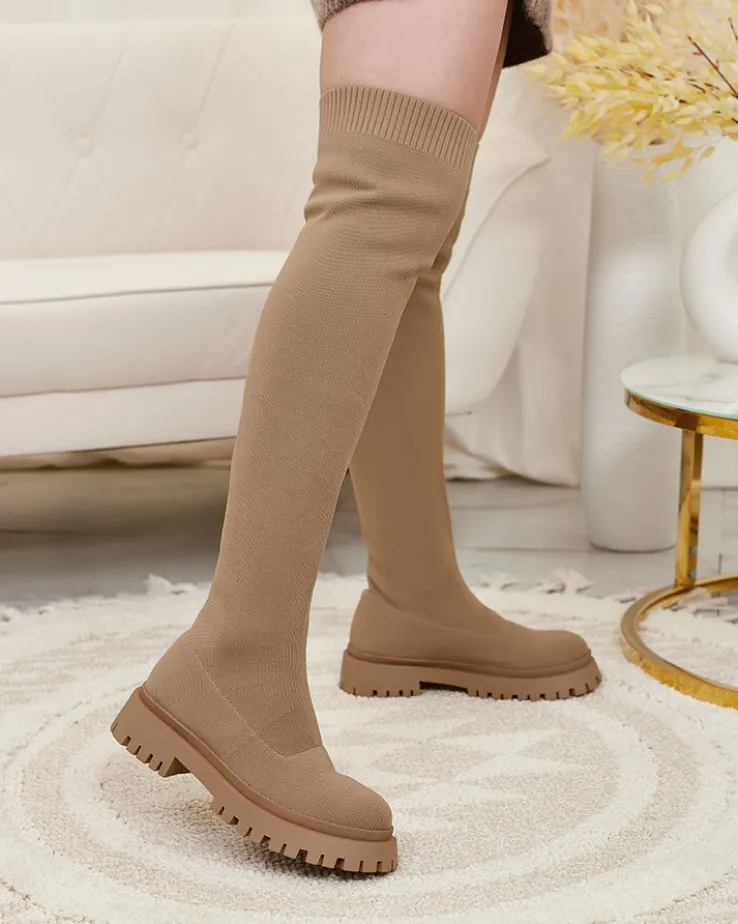 Royalfashion Brązowe damskie wsuwane kozaki za kolano Radgitas