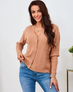 Royalfashion Brązowy damski sweter warkoczowy splot