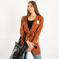 Royalfashion Brązowy damski wiązany kardigan z kolorowymi kółkami