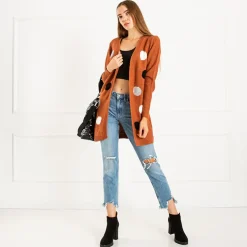 Royalfashion Brązowy damski wiązany kardigan z kolorowymi kółkami