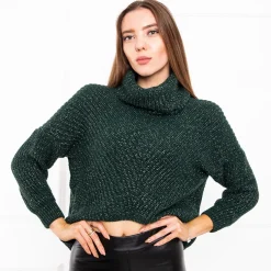 Royalfashion Butelkowy zielony damski krótki sweter z golfem