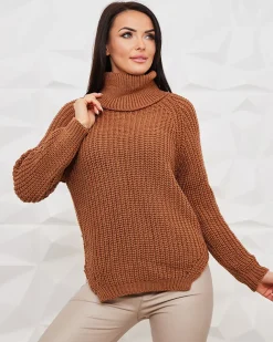 Royalfashion Camelowy damski sweter z golfem