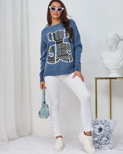 Royalfashion Ciemnoniebieski damski sweter z misiem