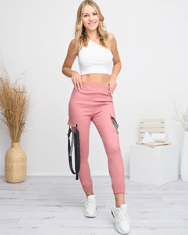 Royalfashion Ciemnoróżowe damskie spodnie bojówki z paskiem