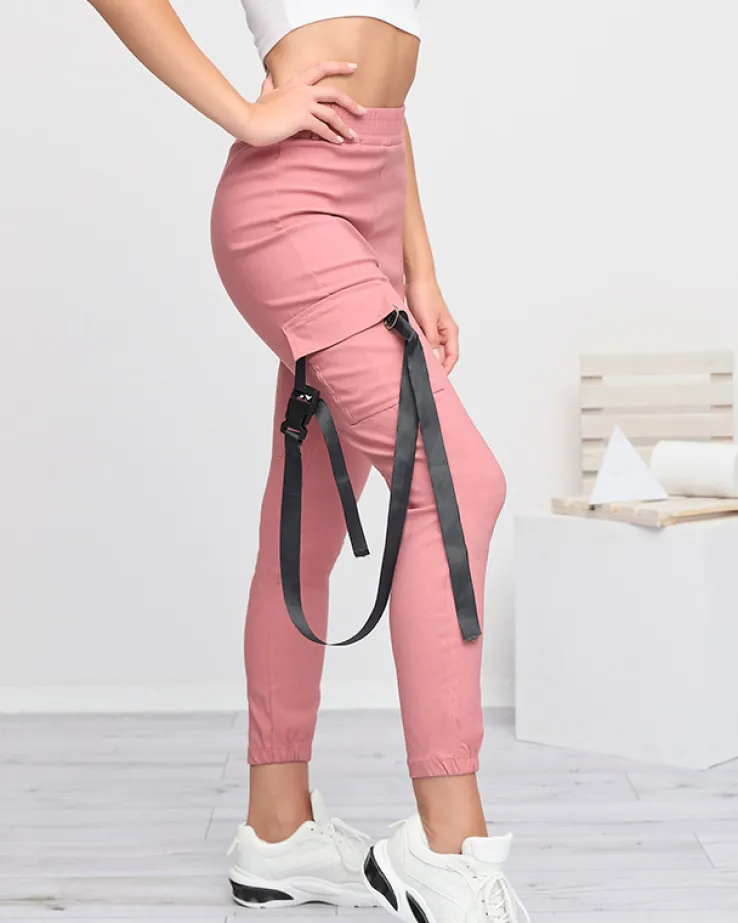 Royalfashion Ciemnoróżowe damskie spodnie bojówki z paskiem