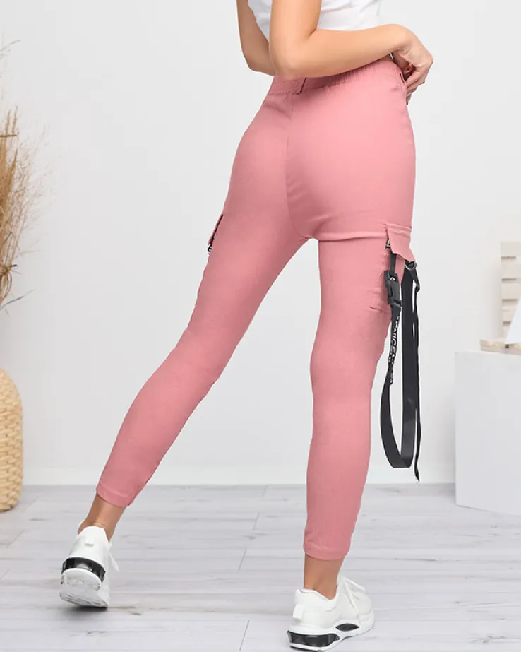 Royalfashion Ciemnoróżowe damskie spodnie bojówki z paskiem