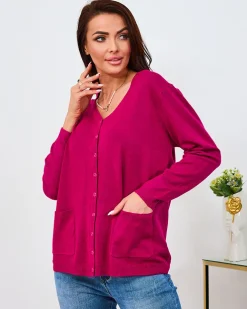 Royalfashion Ciemnoróżowy damski sweter typu kardigan z kieszeniami
