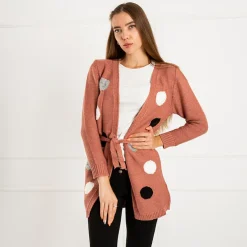 Royalfashion Ciemnoróżowy damski wiązany kardigan z kolorowymi kółkami