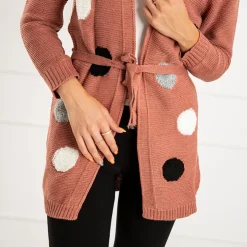 Royalfashion Ciemnoróżowy damski wiązany kardigan z kolorowymi kółkami