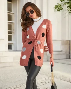 Royalfashion Ciemnoróżowy damski wiązany kardigan z kolorowymi kółkami