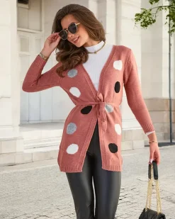 Royalfashion Ciemnoróżowy damski wiązany kardigan z kolorowymi kółkami