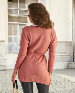 Royalfashion Ciemnoróżowy damski wiązany kardigan z kolorowymi kółkami