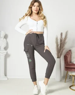 Royalfashion Ciemnoszare damskie spodnie typu bojówki z napisem