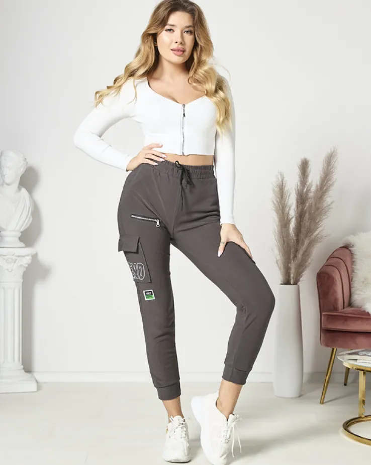 Royalfashion Ciemnoszare damskie spodnie typu bojówki z napisem