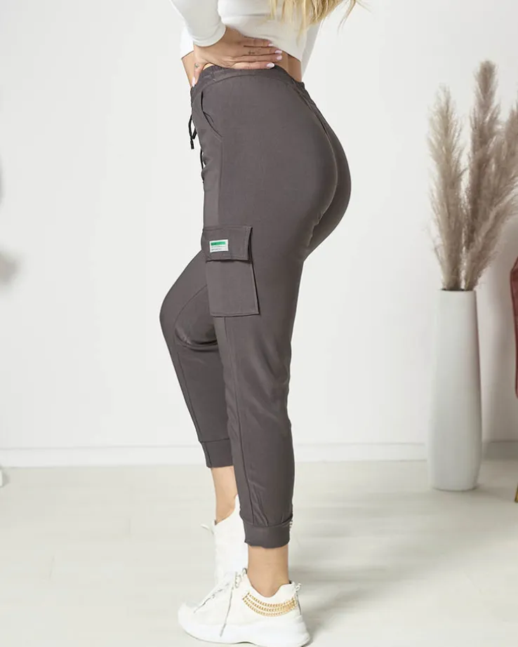 Royalfashion Ciemnoszare damskie spodnie typu bojówki z napisem