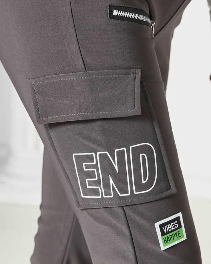 Royalfashion Ciemnoszare damskie spodnie typu bojówki z napisem