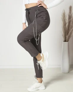 Royalfashion Ciemnoszare damskie spodnie typu bojówki z łańcuszkiem